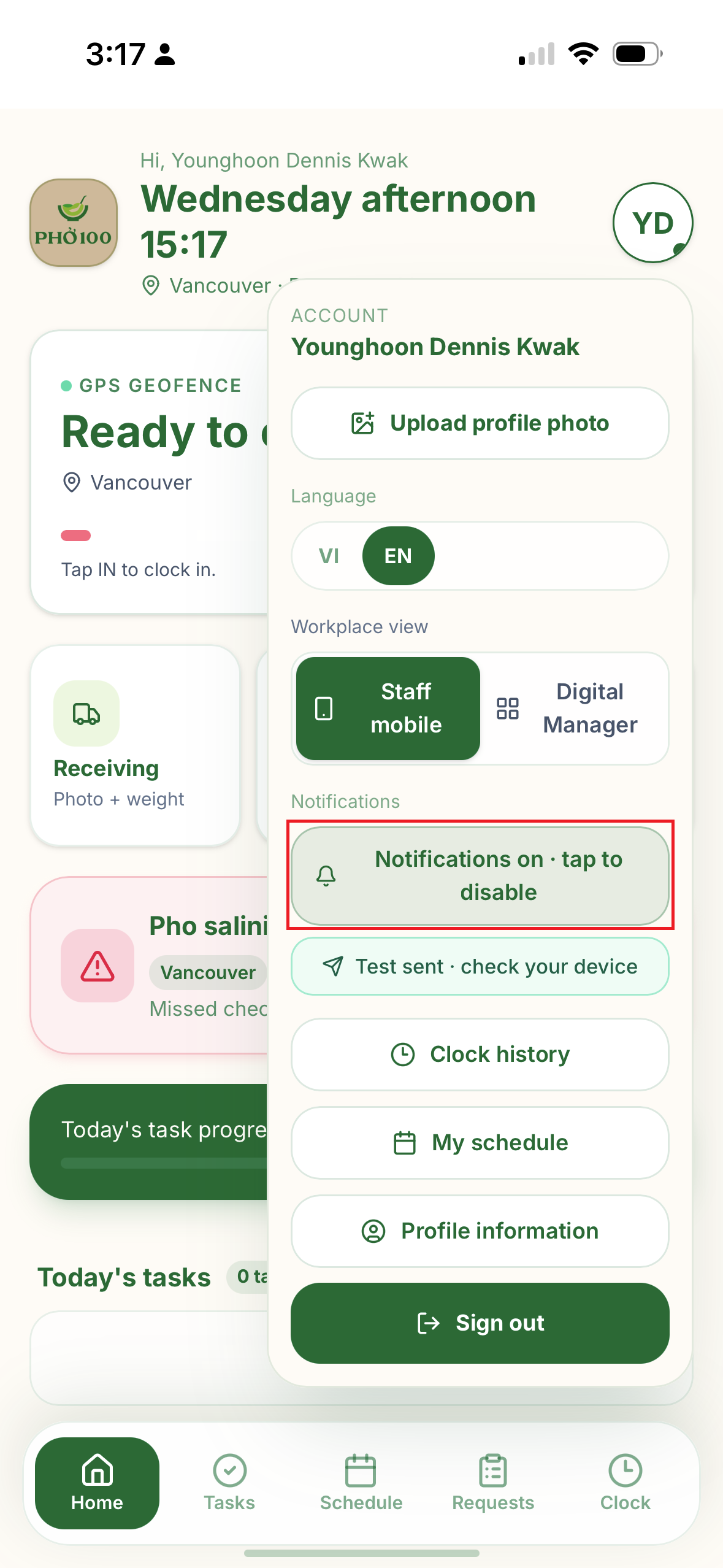 Account menu — switch Workplace view between Staff mobile and Digital Manager