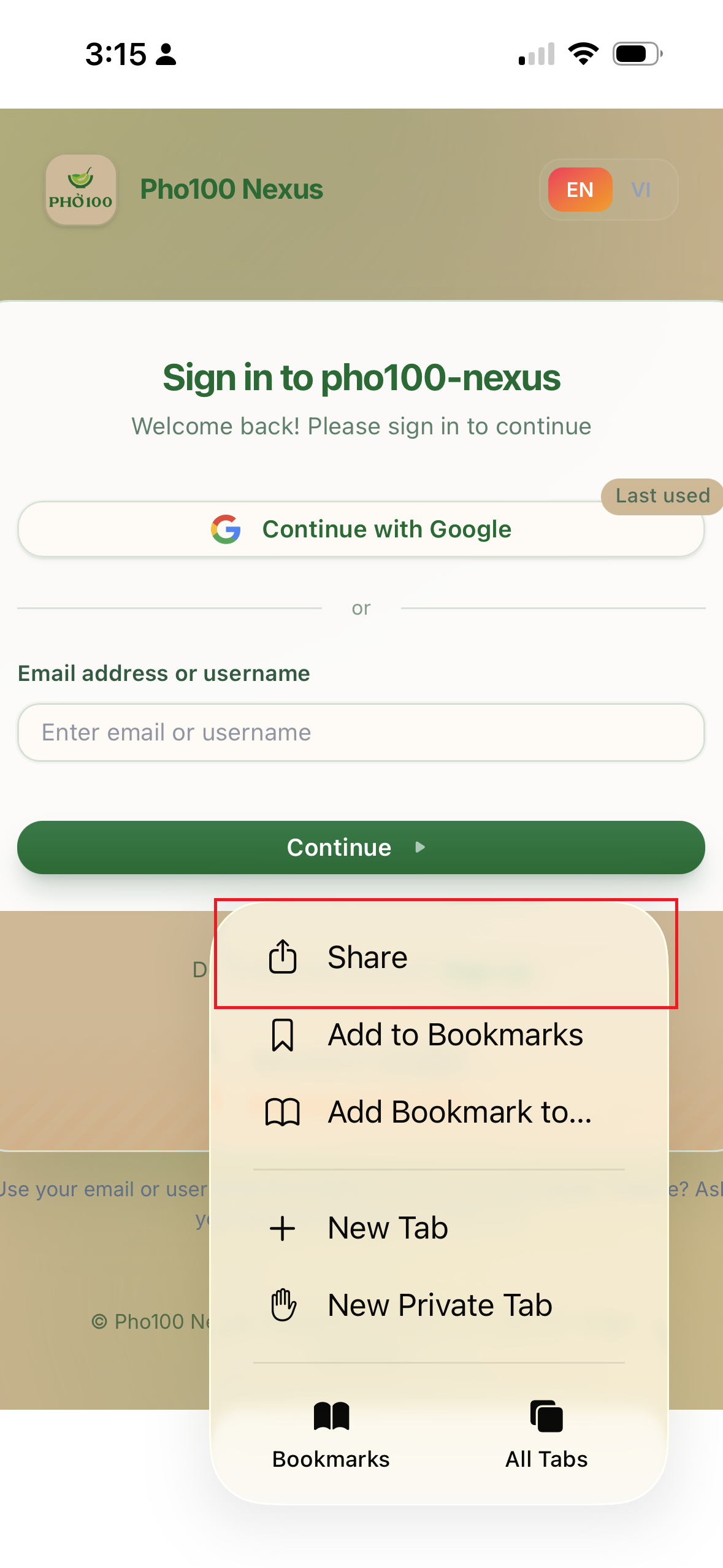 Tap Share in Safari (bottom of the screen)